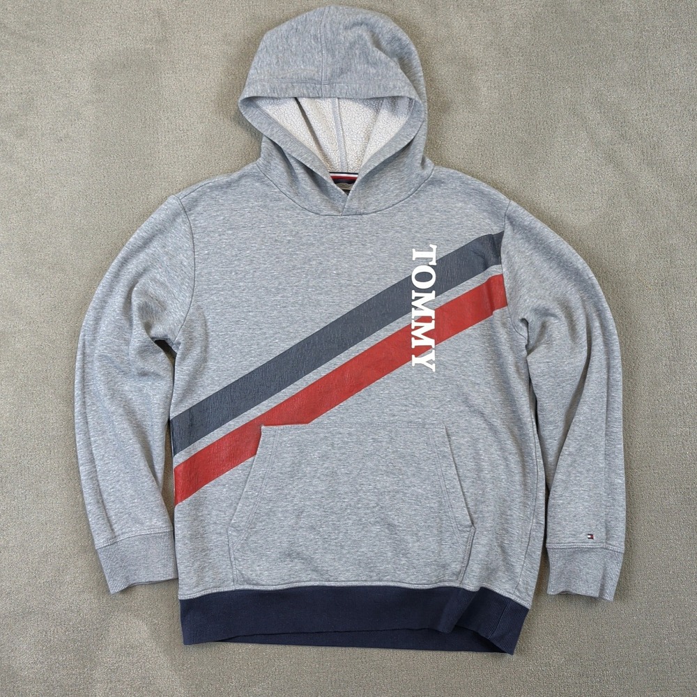 Tommy Hilfiger Hoodie Boys Large 16/18 Gray Logo Striped Pullover Sweatshirt L